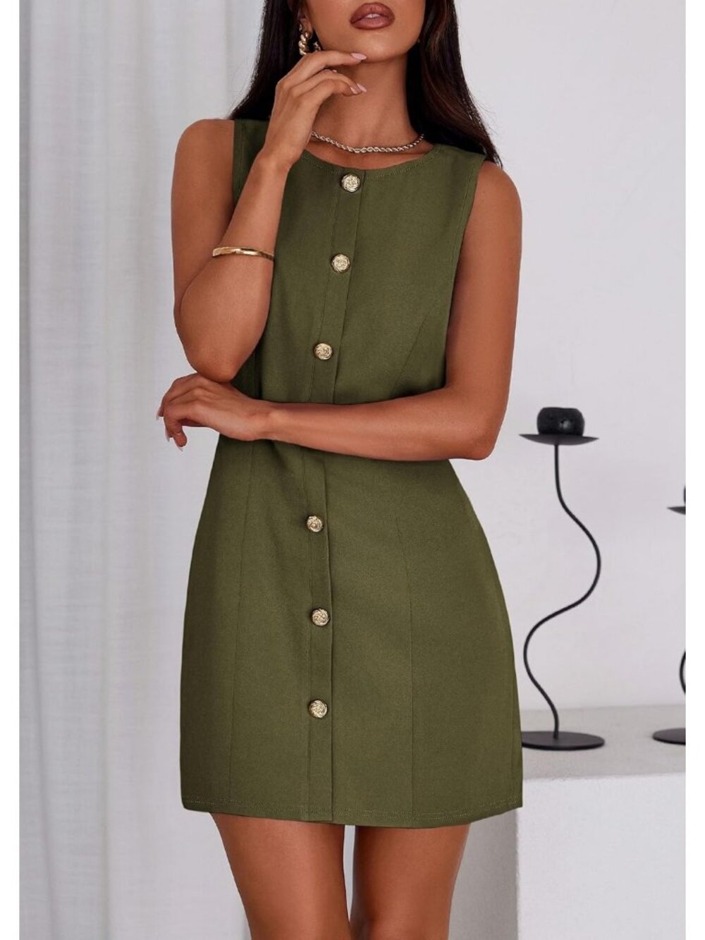 Pretty Garden Women's Army Green Sleeveless Button Down Elegant Mini Dress - Picture 6 of 6